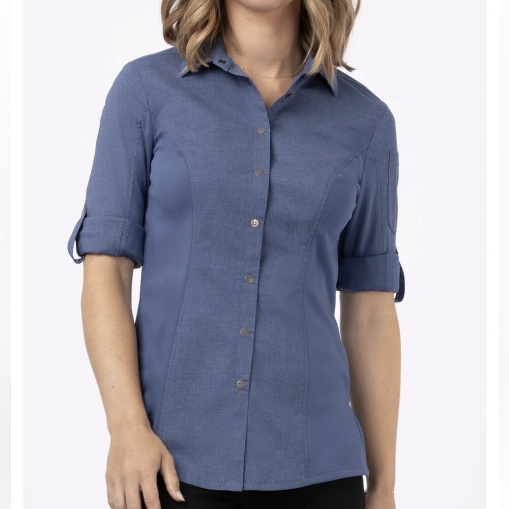 Chef Works Seville Shirt Women’s Large Blue Cool Vent Stretch Uniform Top NWT